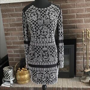 Xscape Black and White Embellished Long-Sleeve Sheath Dress